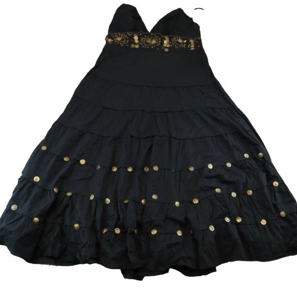 Vasna Women's Halter Cotton Midi Dress Black Boho Gold Coins Embellishments - Picture 11 of 15